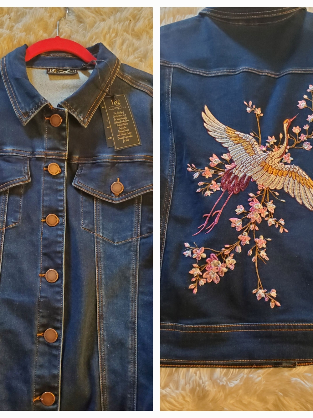 DG2 by Diane Gilman Dark Blue Denim Jacket with Embroidered Crane & Floral Back